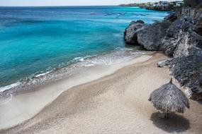 panoramic view of a sandy beach with turquoise water