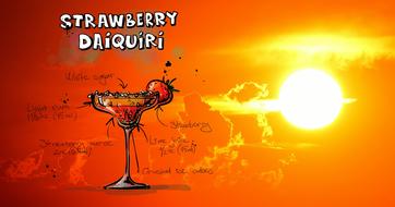 Beautiful and colorful, drawn recipe of Strawberry Daiquiri, at colorful sunset, clipart