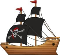 Colorful, wooden pirate boat, with flags, at white background, clipart