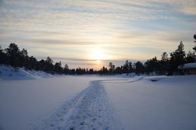 traces of cars and people on a frozen lake