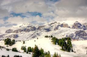 panoramic view of the dolomite mountains in the snow