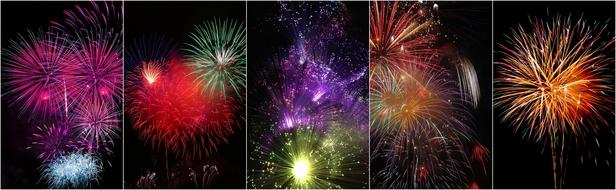 five bunches of fireworks at dark sky, collage