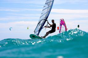 People doing windsurfing on the sea with waves, in sunlight, near the Fuerteventura