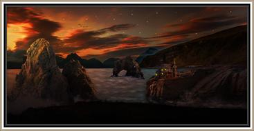 Landscape with the castle with lights on the mountains, and rocks on the coast, at colorful and beautiful sunset, in the frame, clipart