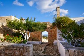 Beautiful landscape with colorful buildings and plants, under the blue sky with clouds