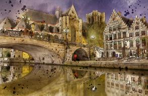 evening, medieval architecture, stone bridge