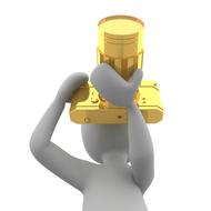 Grey figure of photographer taking photo on the shiny, gold camera, at white background, clipart