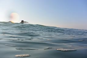 boy swims on sea at dusk