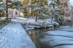 building among the trees by the lake in winter