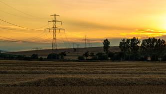 arable field and electric mast against the background of golden sunset