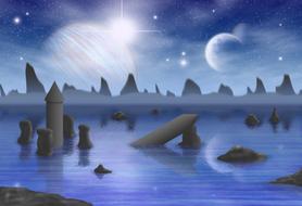 Beautiful waterscape with shapes, in fog, at planets and stars on background, clipart