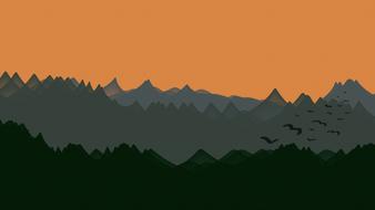 Beautiful landscape with silhouettes of the mountains and flying birds, at orange sunset on background, clipart