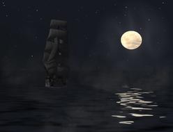 romantic moon and aprus ship in the dark