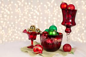 christmas decorations, red vases, wine glass and balls