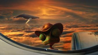 cartoon frog in the airplane window