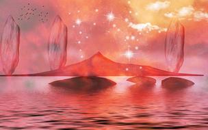 sea against the background of pink mountains