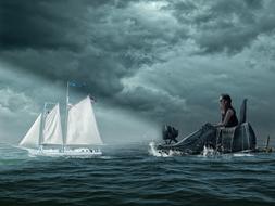girl in a shoe and a white sailing ship against the background of the evening cloudy sky