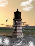 Lighthouse Gulls Water