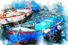 boats fishing sea art watercolor