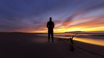 driftwood and silhouette of a man on the beach against the background of a colorful sunset