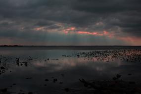 dark blue sky with pink over the lake