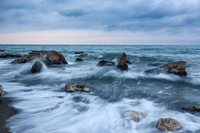 stones, ocean waves, horizon