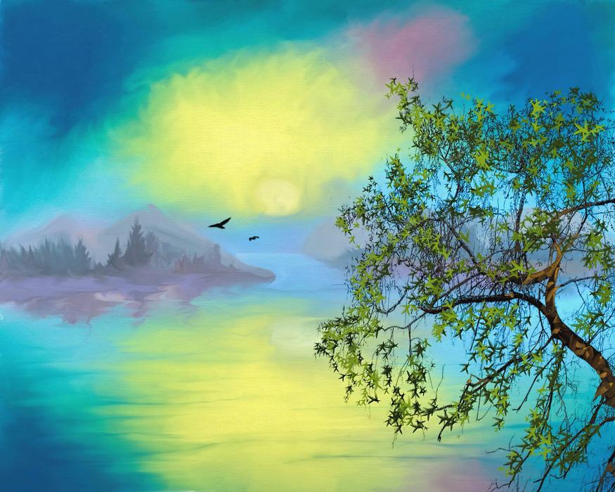 birds and tree on the background of decorative sunset