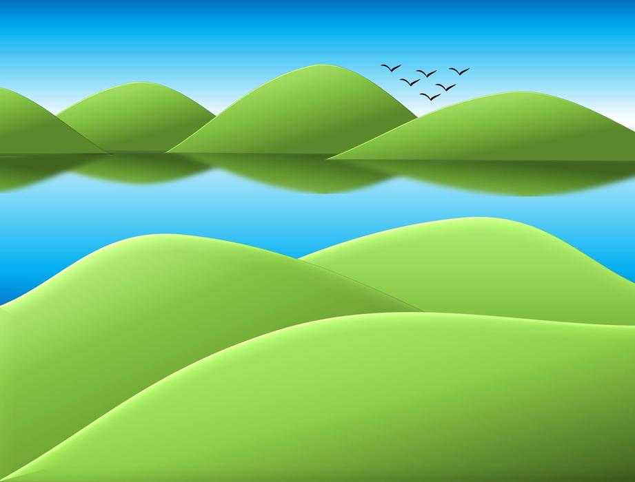 Cartoon landscape with the green hills among the water, and flying birds