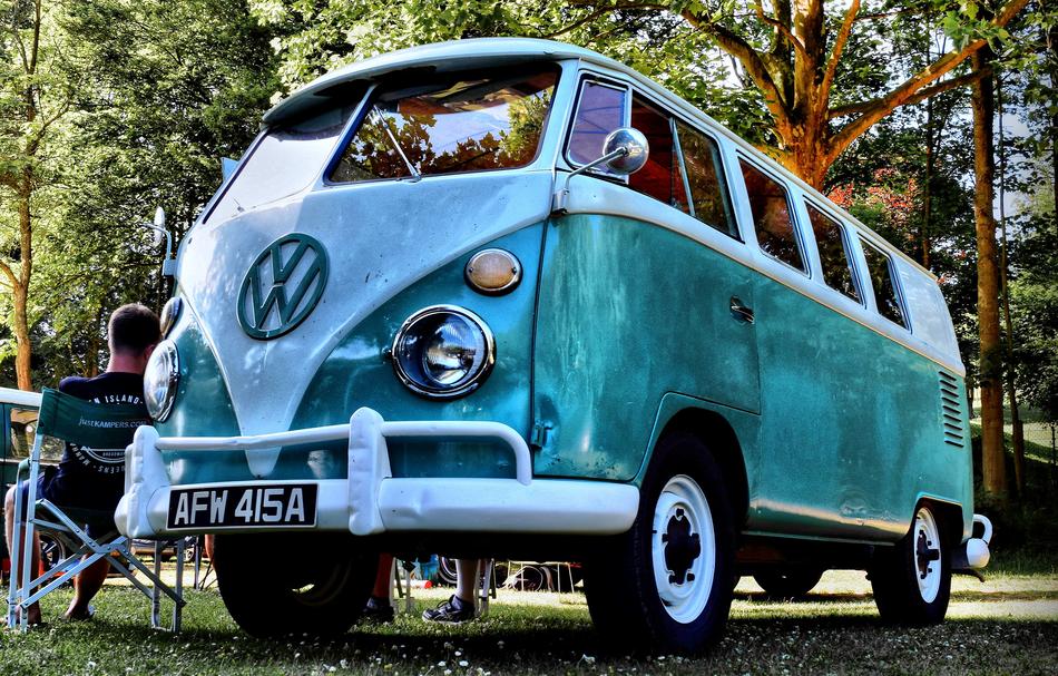 green bus for trips in the meadow
