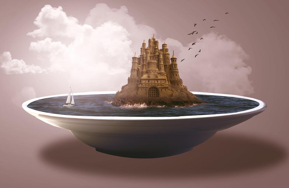 photo manipulation in the form of a castle on an island in a plate