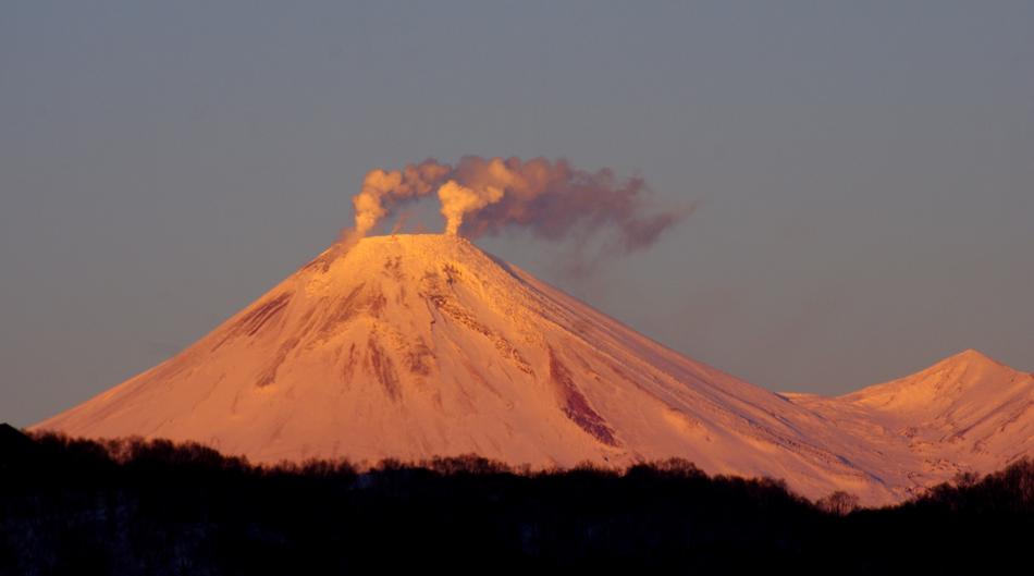 Beautiful landscape with colorful Volcano Avachinsky with plum of steam