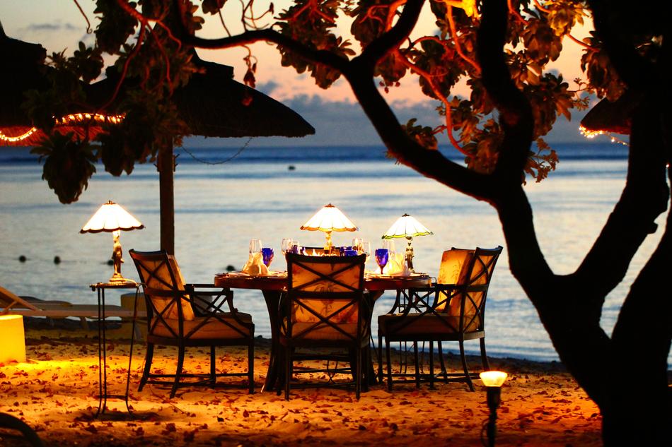 Colorful dinner setting with light, among the beautiful plants on the coast, at colorful and beautiful sunset