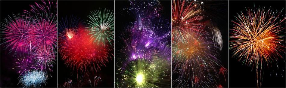 five bunches of fireworks at dark sky, collage