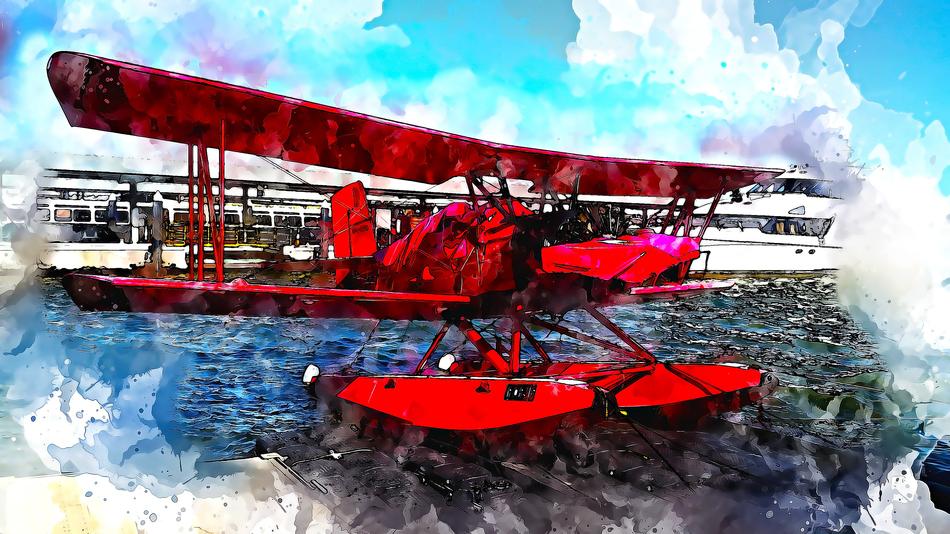 art watercolor of seaplane
