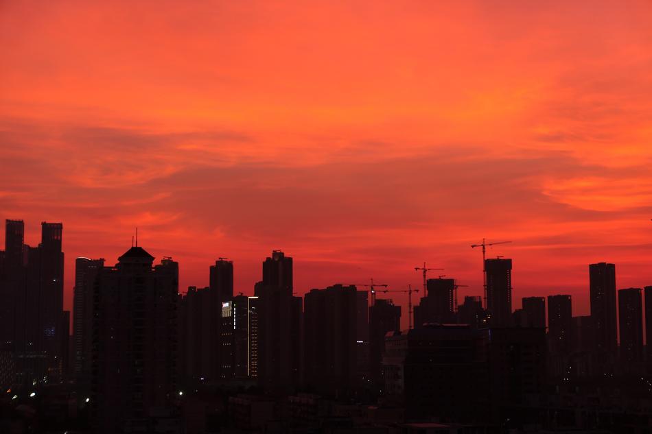red twilight over the architecture of shenzhen city