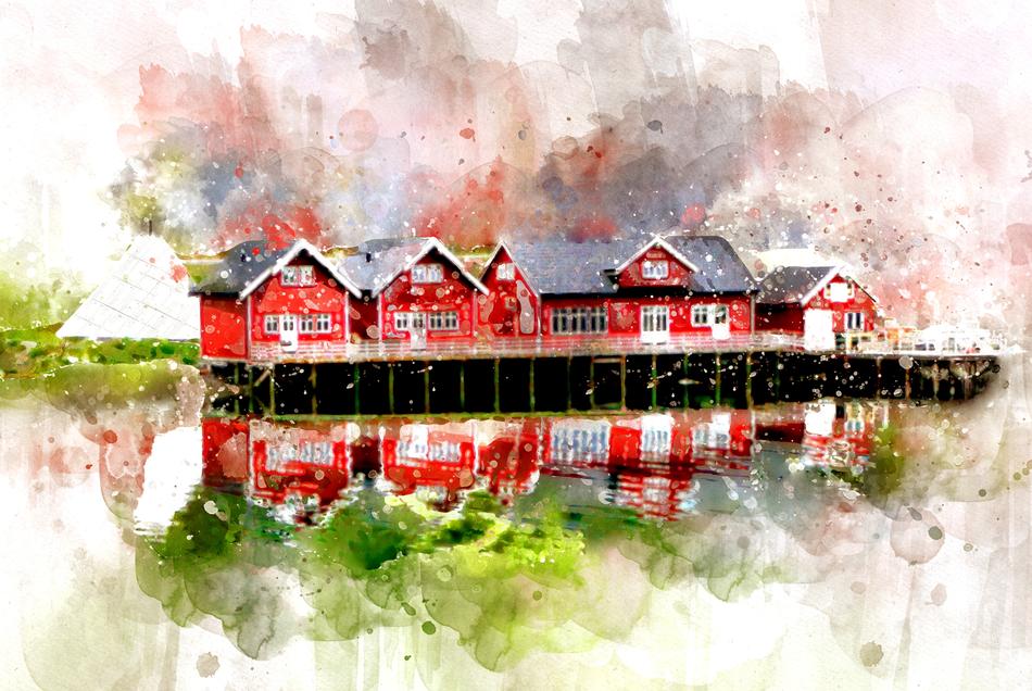 river houses watercolor drawing