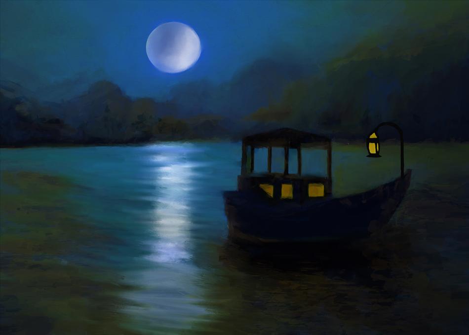 painting on canvas, boat in the ocean against the background of the moon
