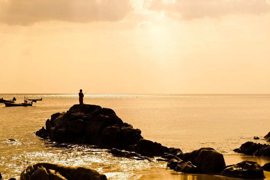 Sea Fishing on Beach at afterglow