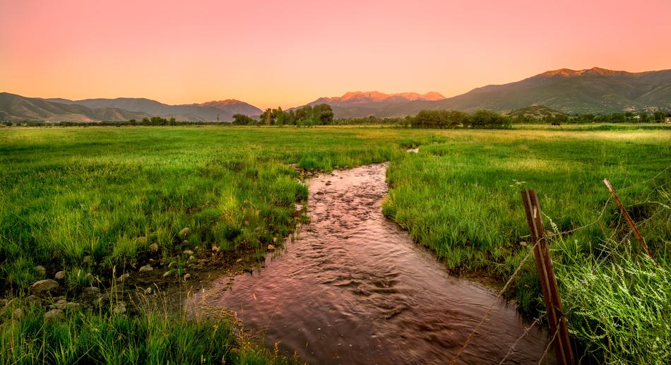 creek in the middle of a green field in Utah, America