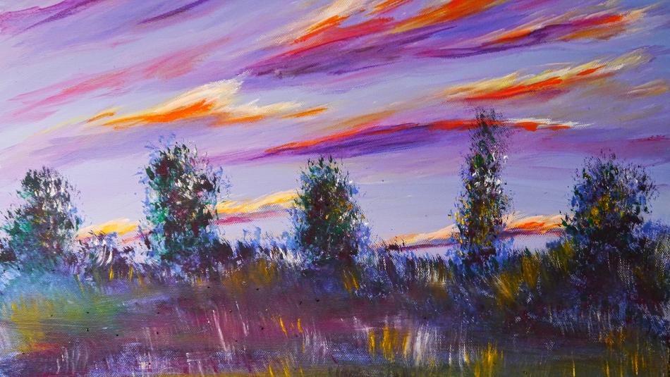 painting on canvas, trees against a purple sky