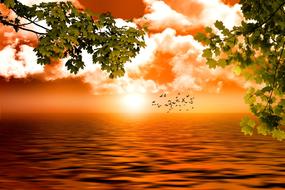 Flying birds against the backdrop of dawn by the sea
