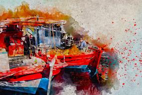 boats fishing sea art watercolor