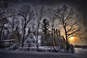 Winter house Landscape at Sunset