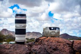 camera equipment on rock