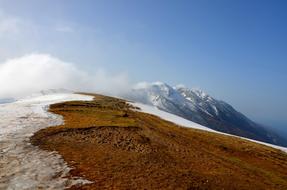 snowy mountain peaks and cloudy sky