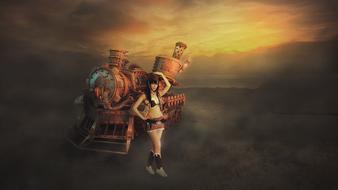 Fantasy Art of Girl and antique Train