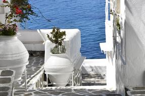 terrace of white house at blue aegean sea, Greece, halkidiki