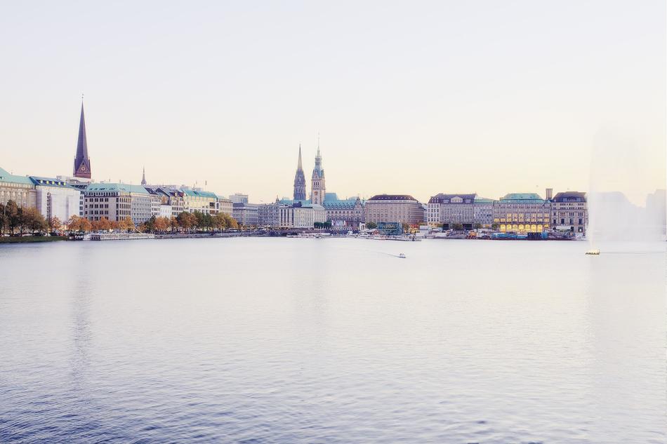 historical buildings on the edge of the Binnenalster lake, Hamburg, Germany