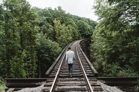 man walking on railway in forest nature