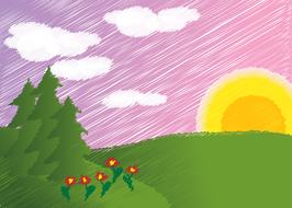 Childrens colorful drawing of the sun and trees